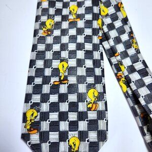 Vintage Warner Brothers Looney Tunes Tweety Bird Tie 1999 Black & White Check
